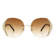 Jadeisle - Women Oval Rimless Rhinestone Design Round Oversize Sunglasses