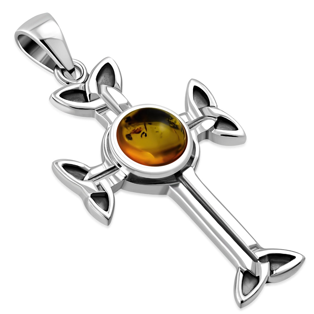 Baltic Amber Trinity Knot Cross Silver Pendant