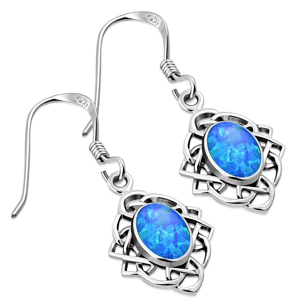 Synthetic Opal Celtic Knot Oval Silver Earrings