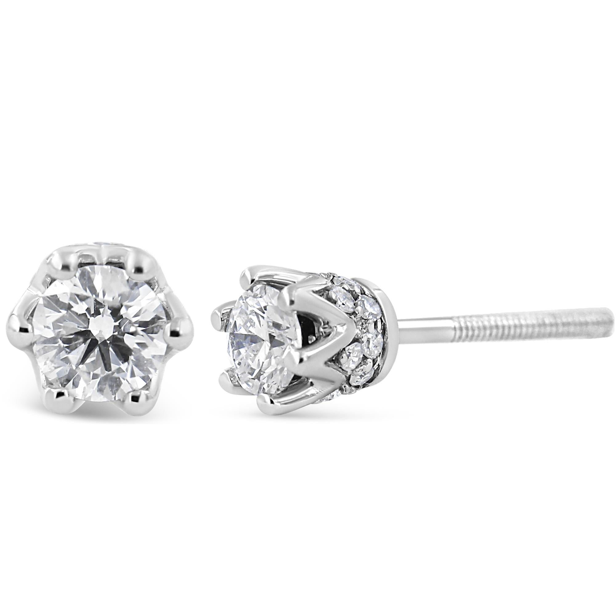 Boucle d'oreille à tige en or blanc 14 carats avec couronne de diamants ronds 1/2 carat au total