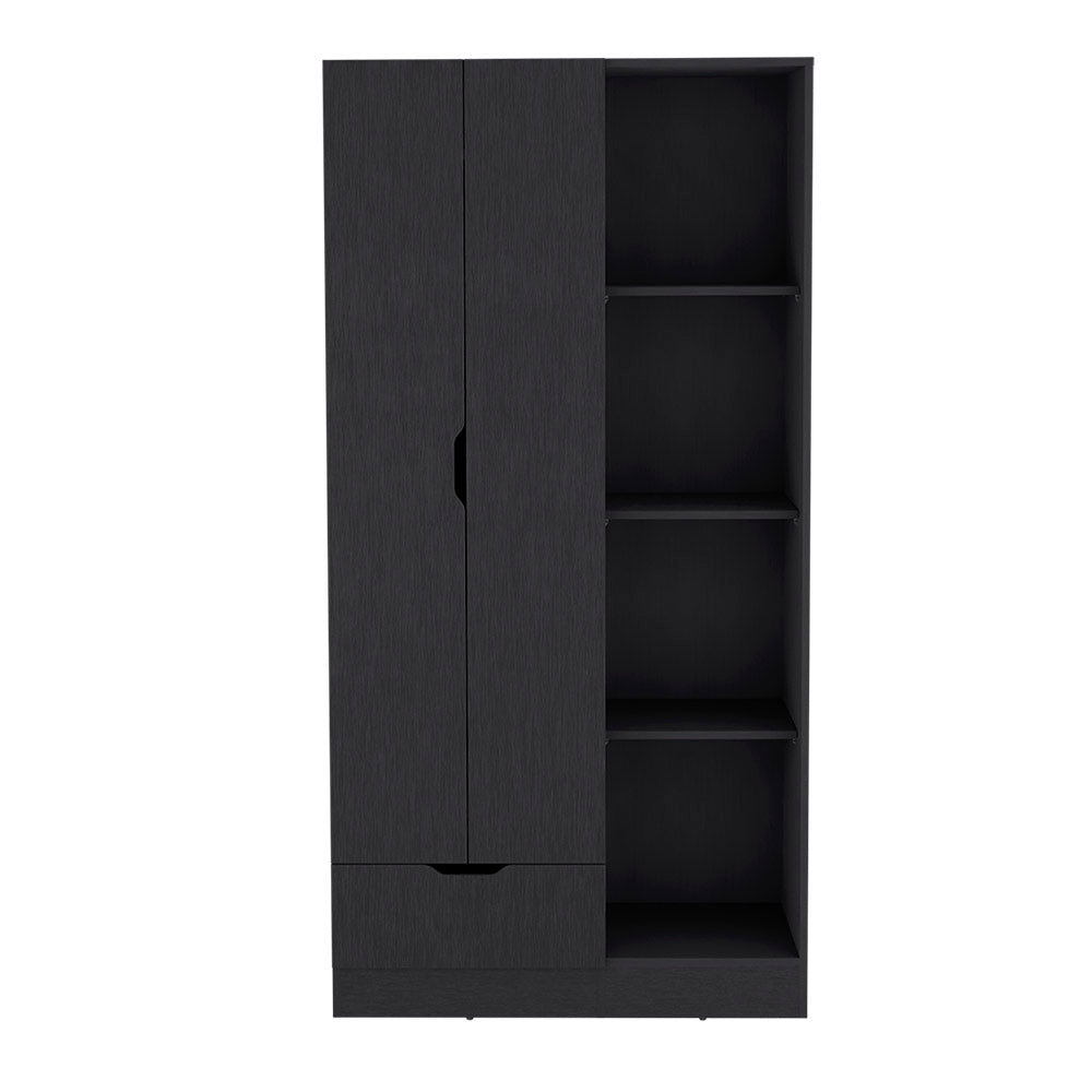 Armoire Dover avec quatre tablettes de rangement, tiroir et porte double -Noir.