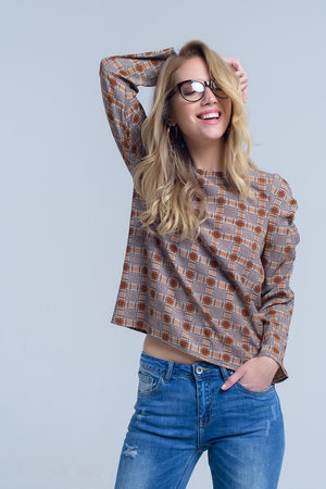 Brown Top With Check Print