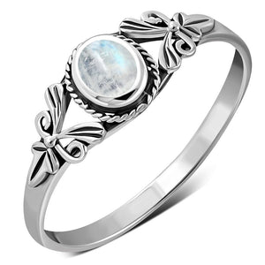 Bague en argent sterling avec pierre de lune arc-en-ciel et pétales