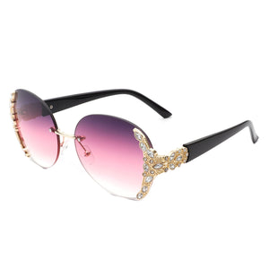 Jadeisle - Women Oval Rimless Rhinestone Design Round Oversize Sunglasses