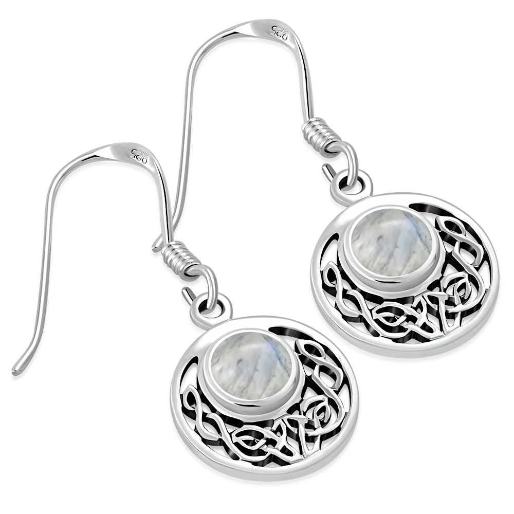 Boucles d'oreilles en argent avec nœud celtique rond en pierre de lune arc-en-ciel