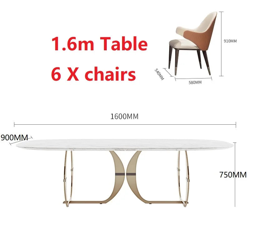 Italian Gold Modern Marble and Stainless Steel Table 6 Chairs