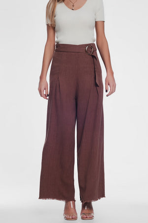 Pantalon large taille haute avec ceinture en marron