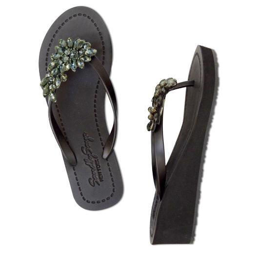 Manhattan Black - Crystal Stones Embellished Mid Wedge Flip Flops