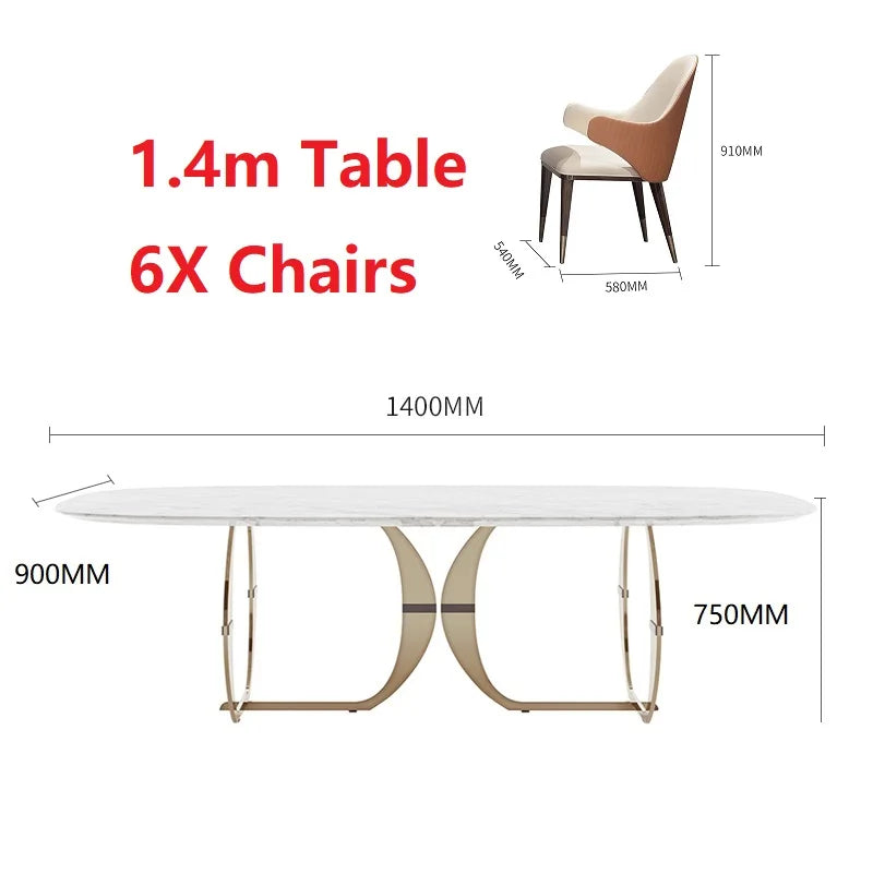 Table moderne en marbre doré italien et 6 chaises en acier inoxydable 