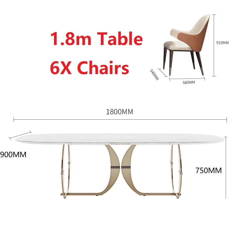 Table moderne en marbre doré italien et 6 chaises en acier inoxydable 