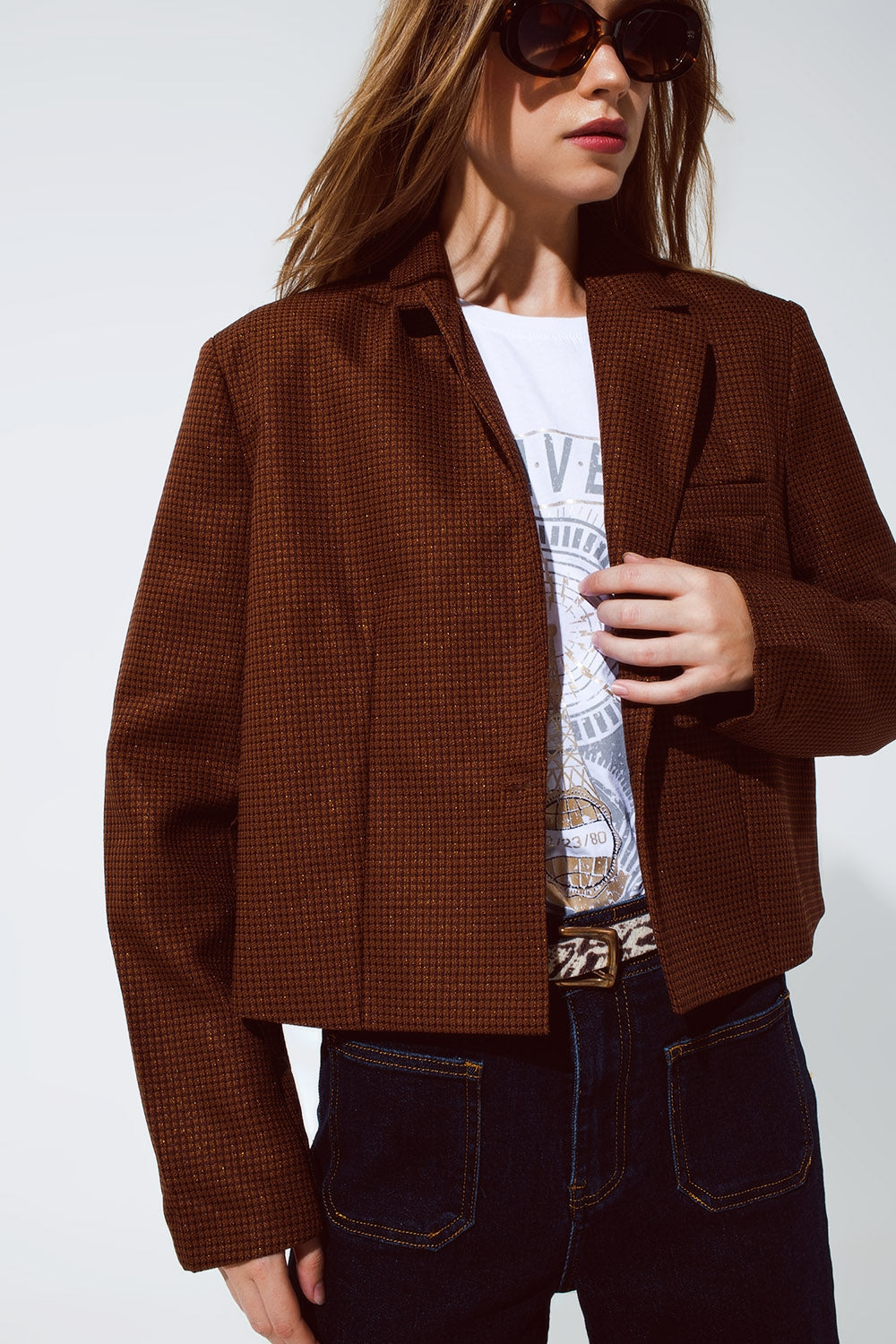 Oversized Cropped Blazer Vichy Design and Metallic Details in Brown