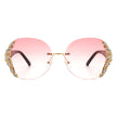 Jadeisle - Women Oval Rimless Rhinestone Design Round Oversize Sunglasses