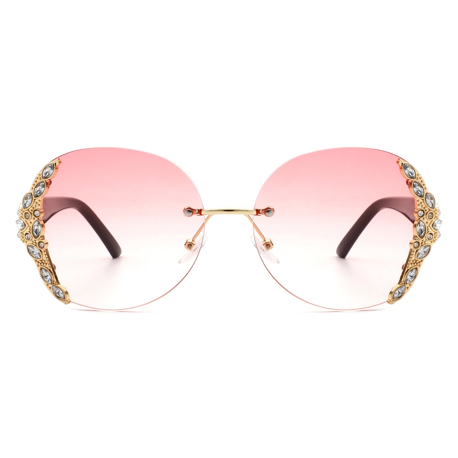 Jadeisle - Women Oval Rimless Rhinestone Design Round Oversize Sunglasses