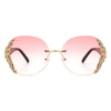 Jadeisle - Women Oval Rimless Rhinestone Design Round Oversize Sunglasses