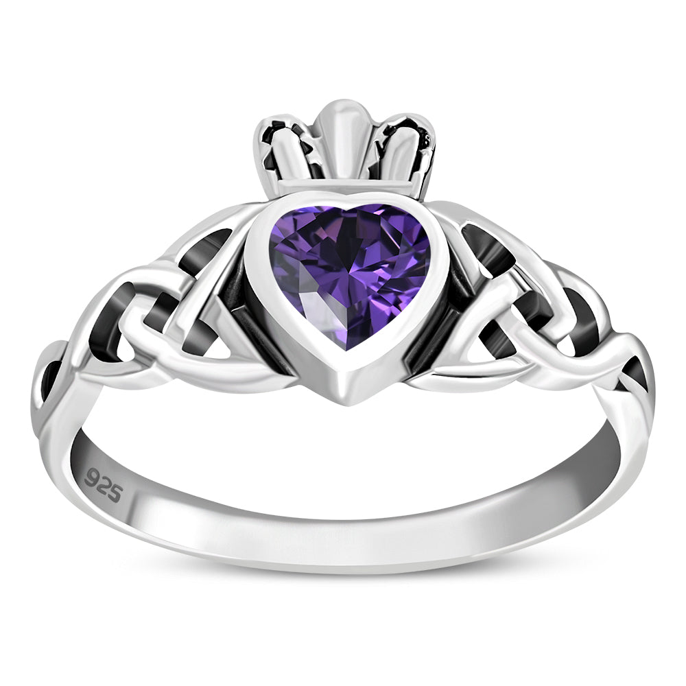 Bague en argent Claddagh avec améthyste et nœud trinité