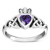 Trinity Knot Amethyst CZ Claddagh Silver Ring