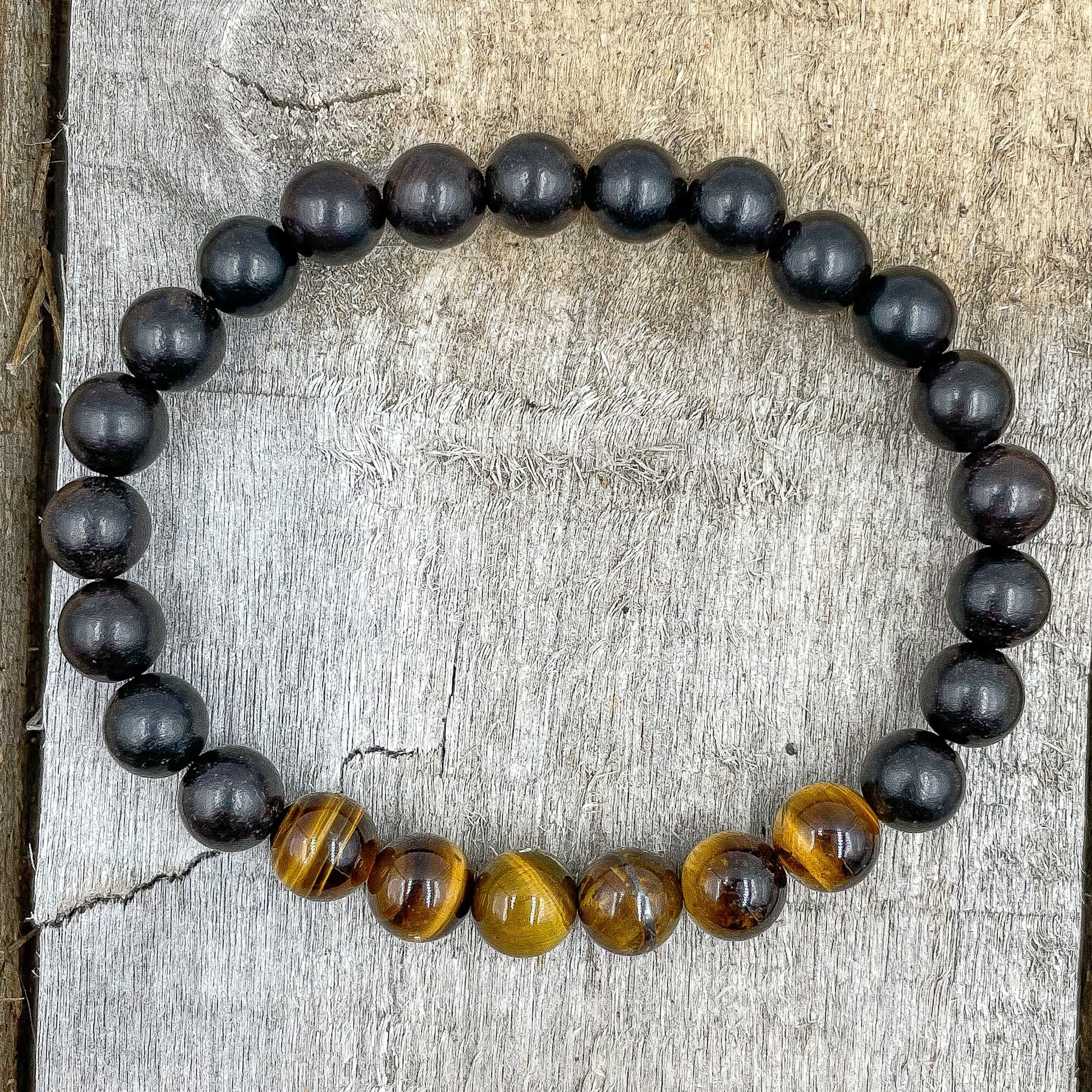 Grove - Bracelet de perles Mala en œil de tigre et bois noir d'ébène