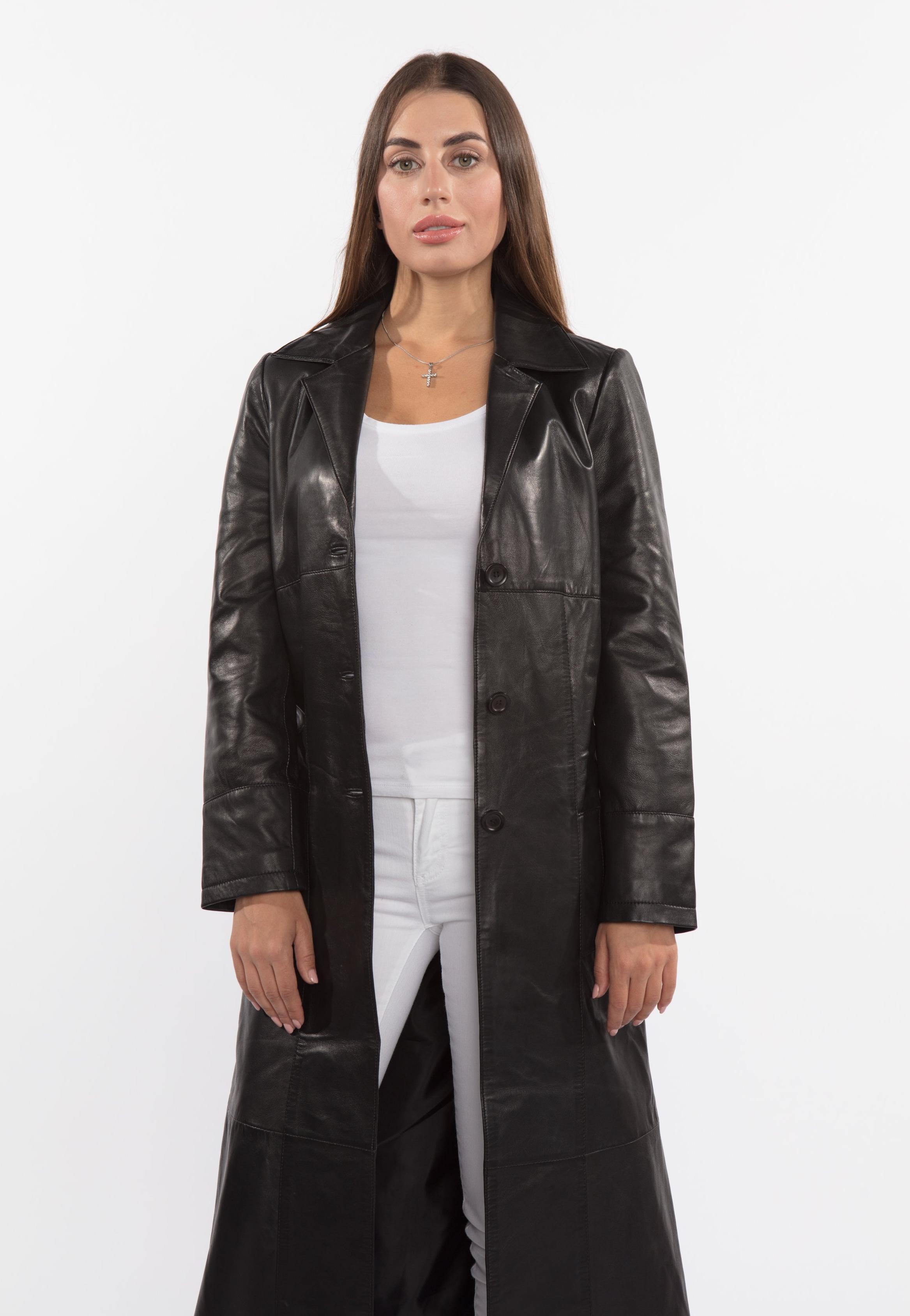 Manteau en cuir pleine longueur noir Matrix à 3 boutons pour femme