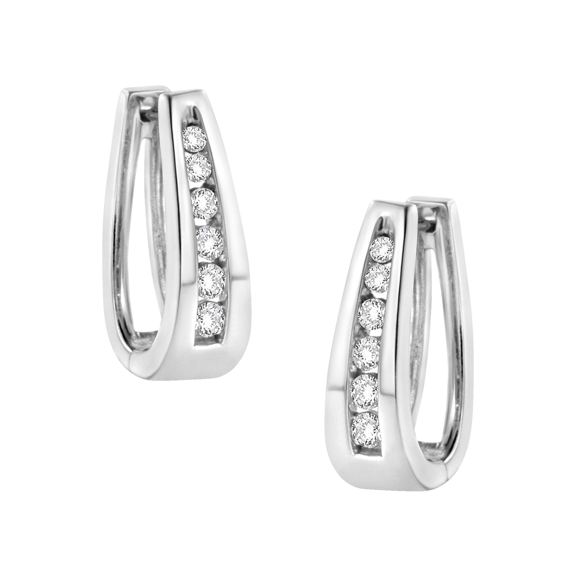 Boucles d'oreilles créoles en or blanc 14 carats avec diamants taille ronde brillants sertis canal