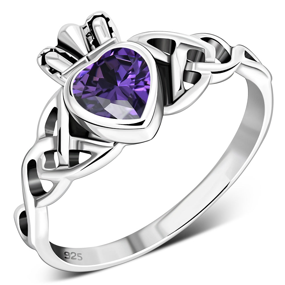 Trinity Knot Amethyst CZ Claddagh Silver Ring