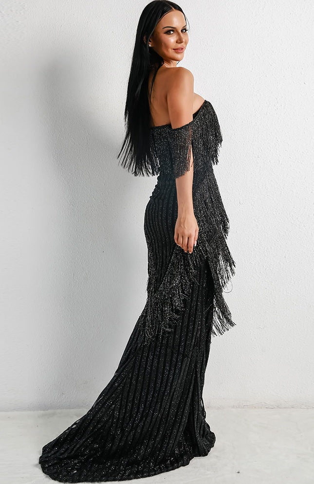 Black Fringe Evening Gown