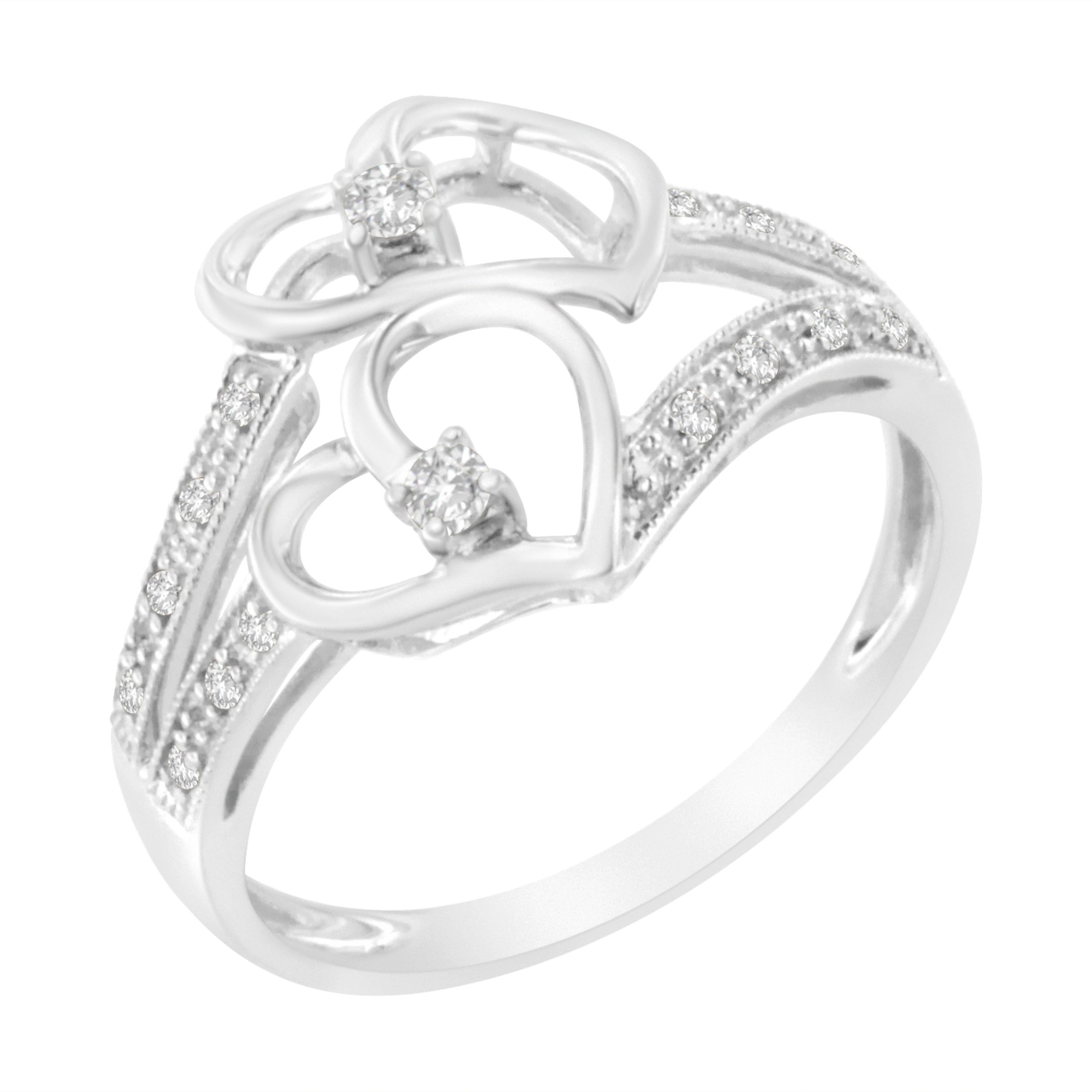 Bague double cœur en or blanc 14 carats avec diamants 1/10 Cttw