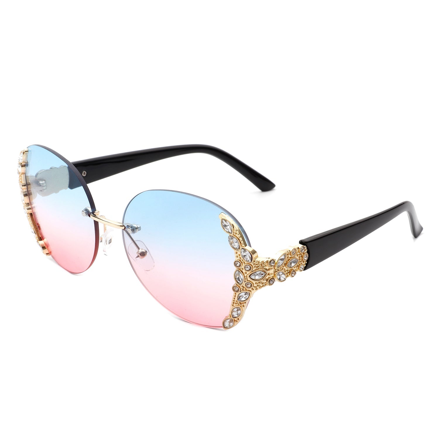 Jadeisle - Women Oval Rimless Rhinestone Design Round Oversize Sunglasses