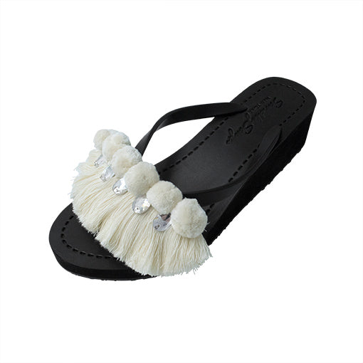 White Pom Pom Fringe - Women's Mid Wedge Flip Flops