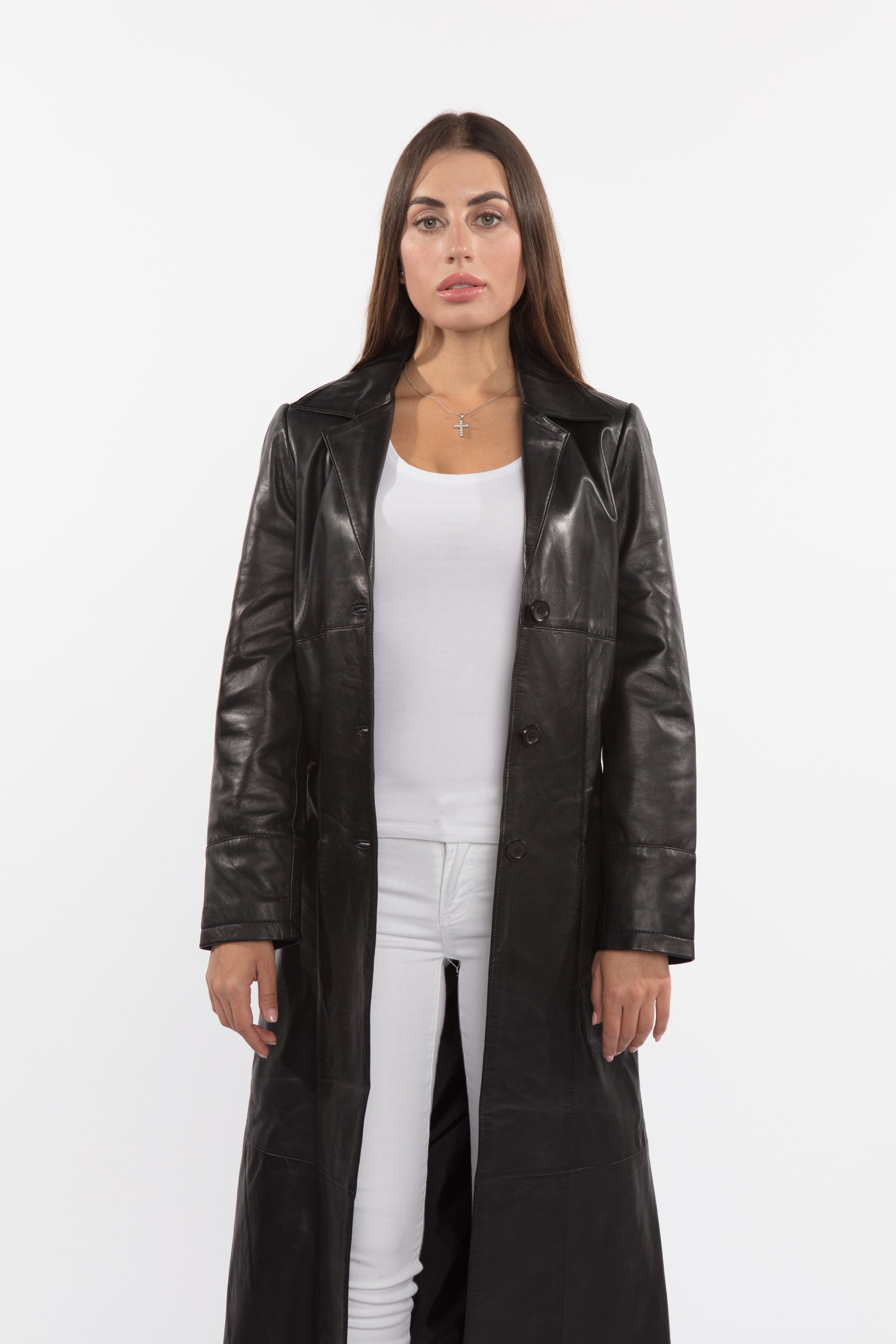 Manteau en cuir pleine longueur noir Matrix à 3 boutons pour femme