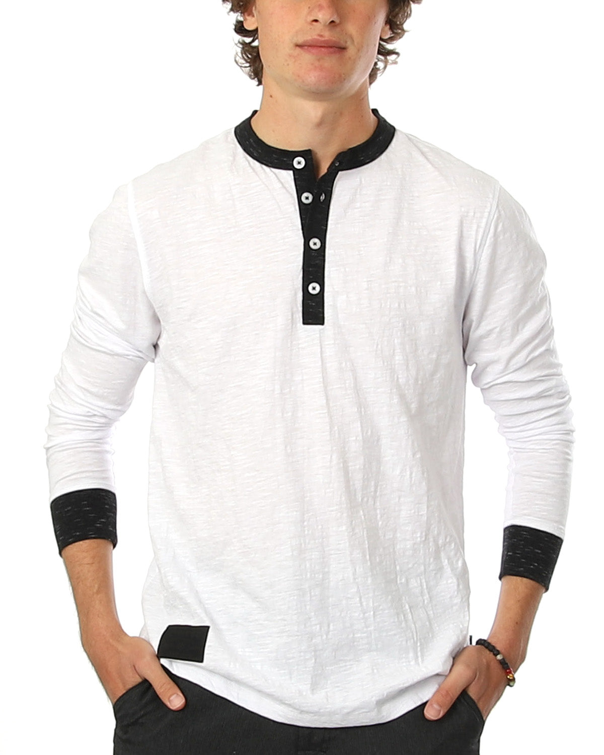 ZIMEGO Chemise Henley décontractée à manches longues et bouton contrasté pour homme