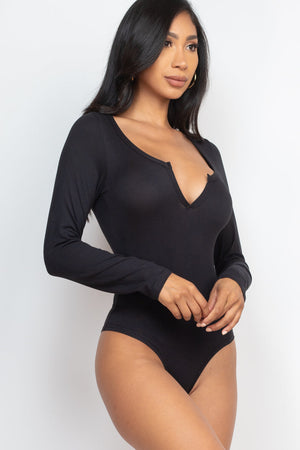 Split Neck Solid Long Sleeve Bodysuit