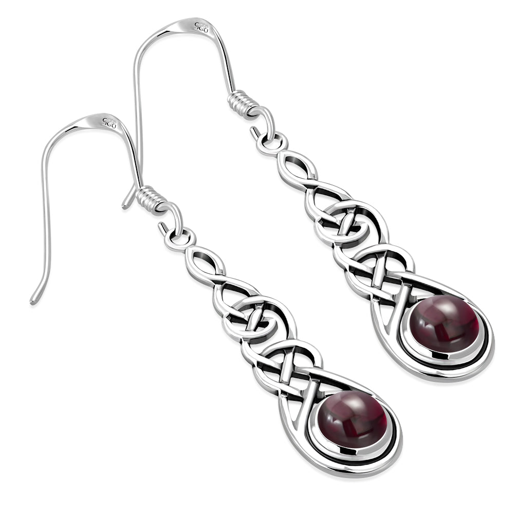 Garnet Stone Celtic Long Silver Earrings