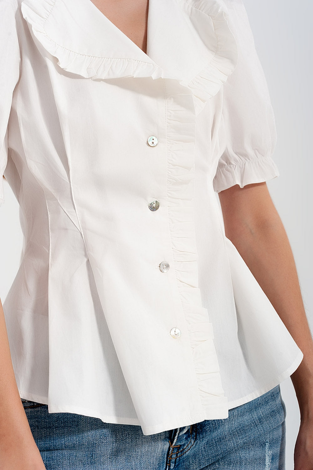 Poplin Frill Detail Wrap Blouse in Cream