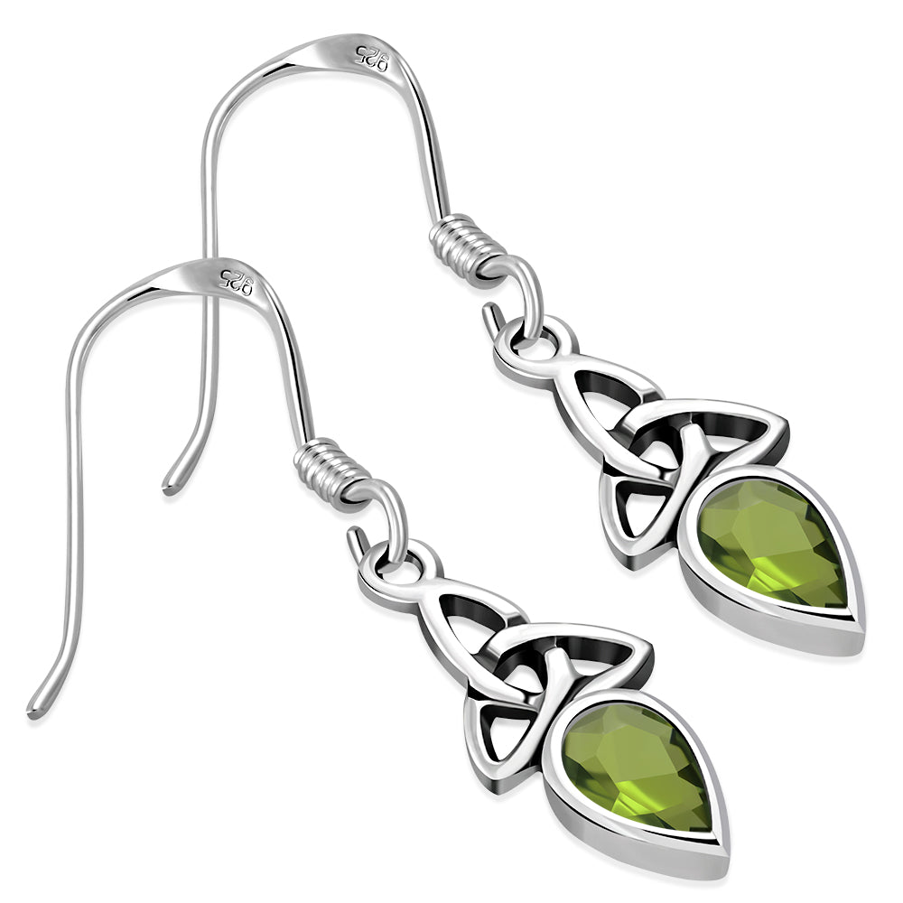 Peridot CZ Celtic Trinity Knot Silver Earrings