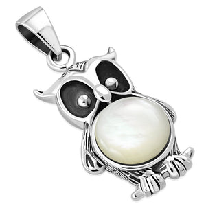 Mother of Pearl Shell Night Owl Silver Pendant