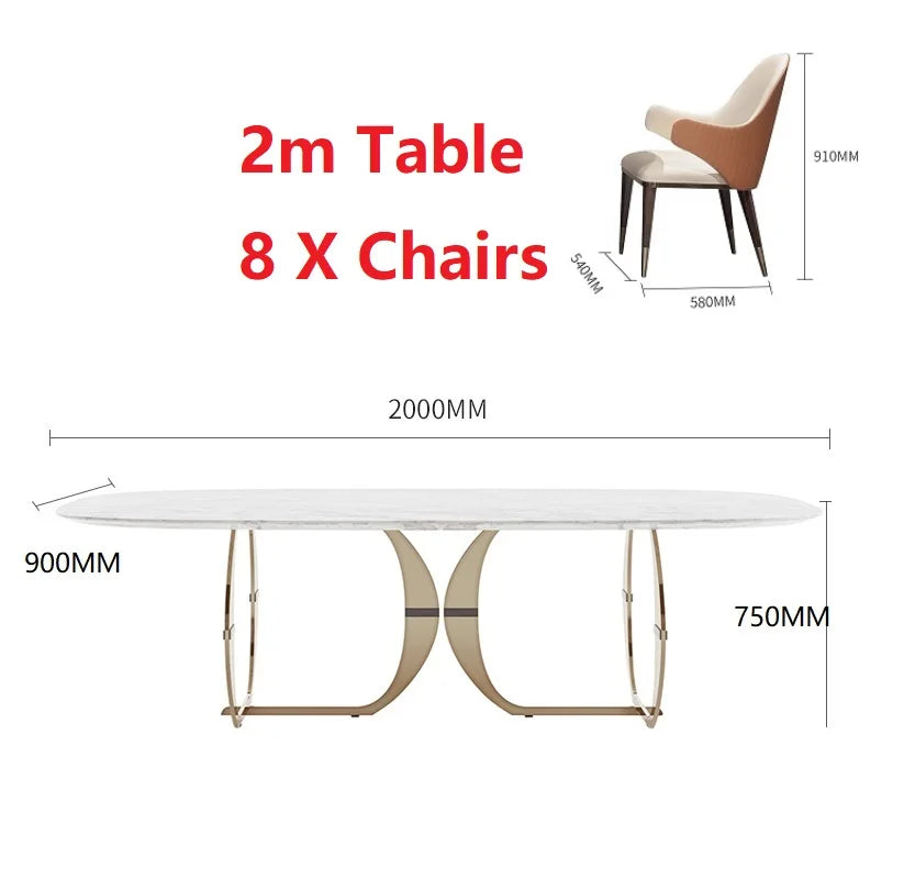 Table moderne en marbre doré italien et 6 chaises en acier inoxydable 