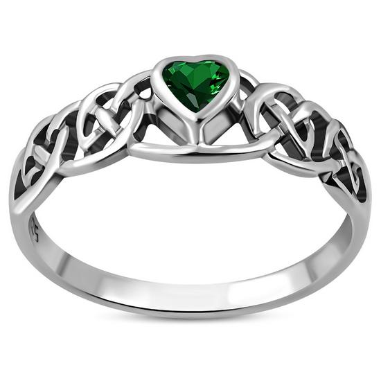 Celtic Knot Green CZ Heart Silver Ring