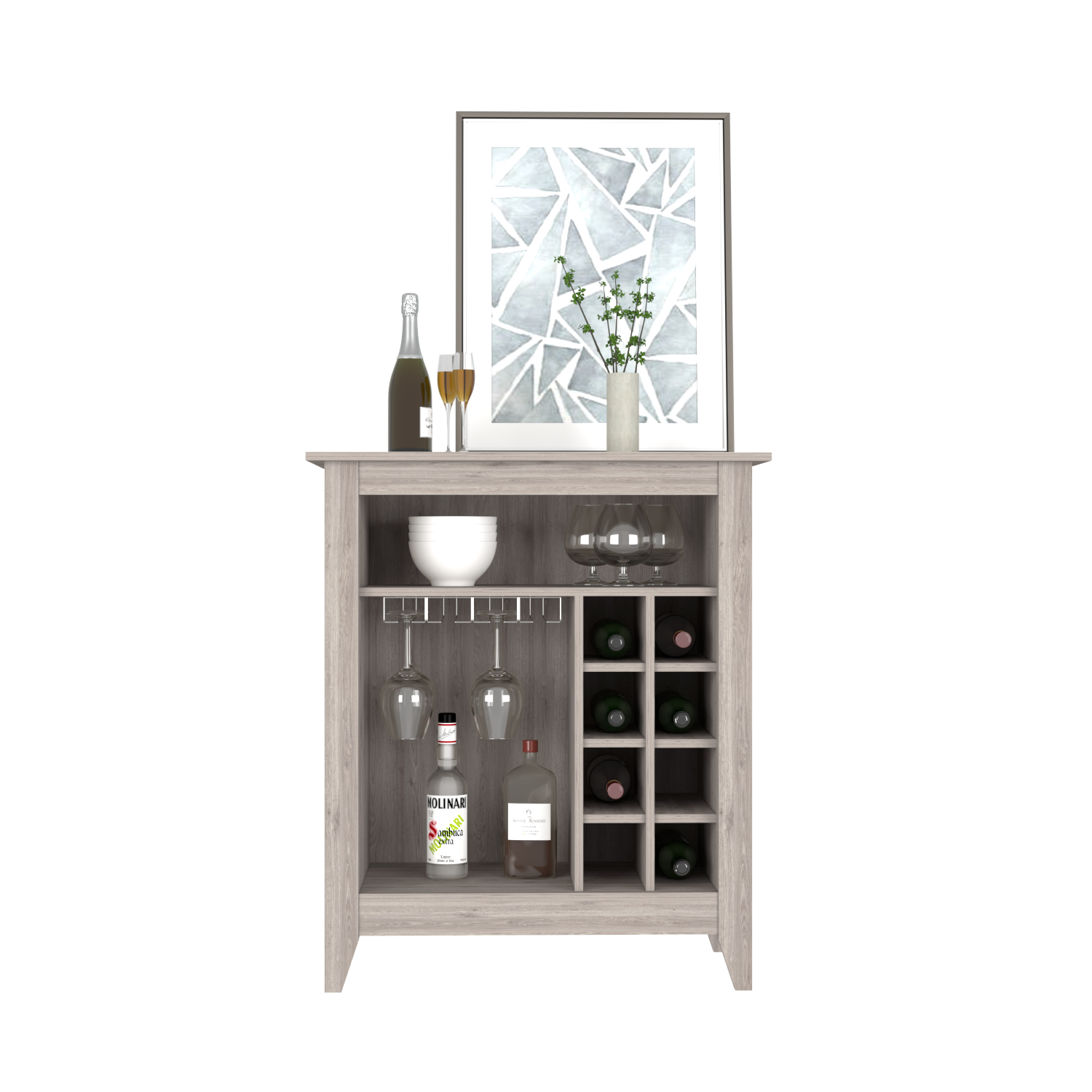 Bar Cabinet Castle, One Open Shelf, Six Wine Cubbies - Light Gray