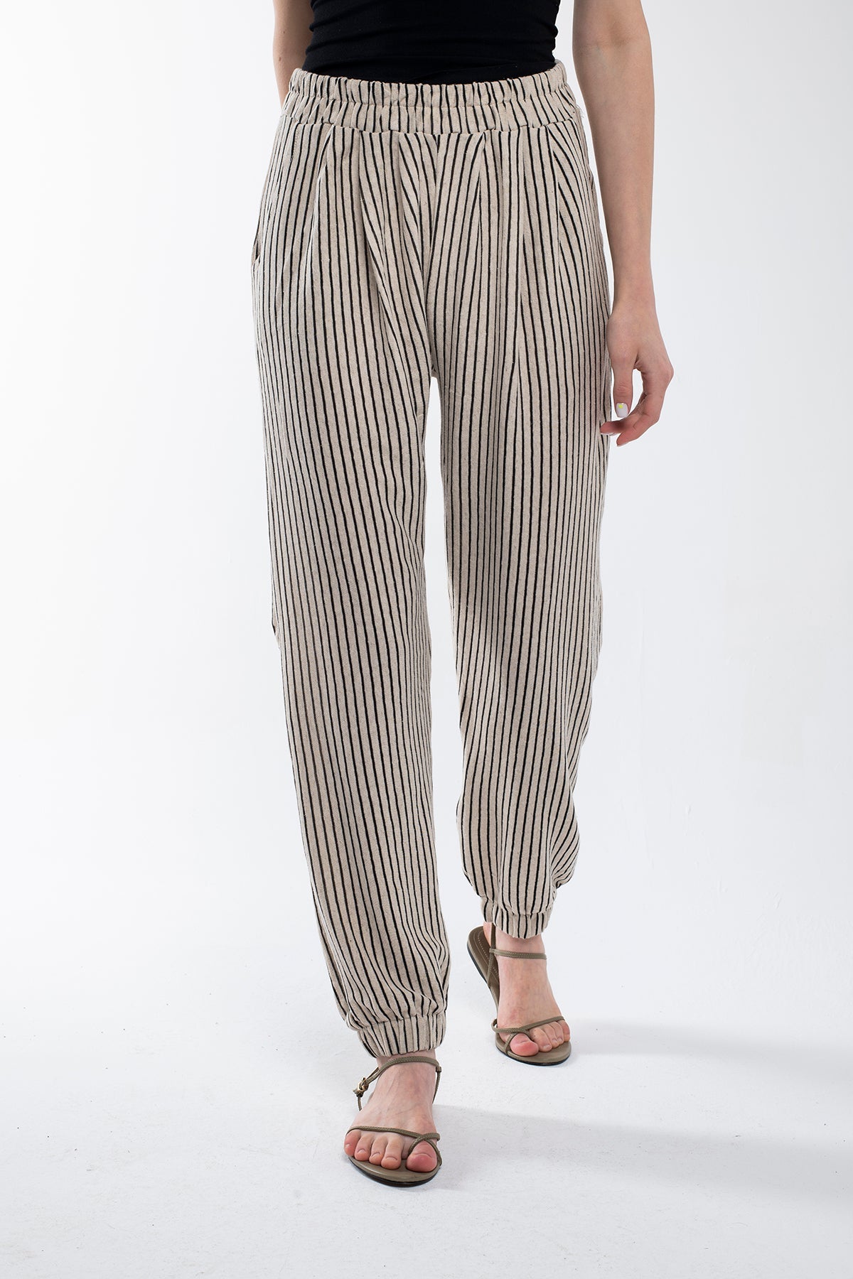 Pantalon en lin rayé avec jambes élastiques