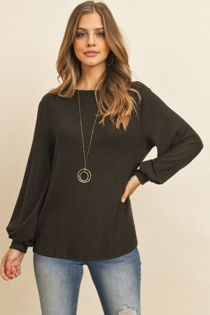 Puff Sleeved Boat Neck Two Toned Brushed Hacci Top