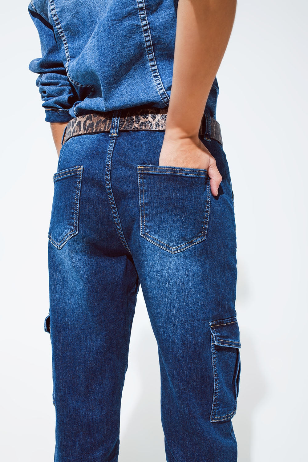 Cargo Style Jeans With Seam Down the Front in Medium Wash