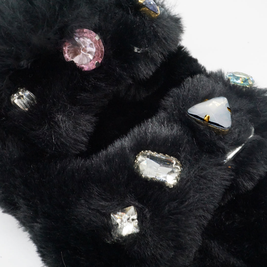 Shearling Fur Slide With Feather and Rhinestones