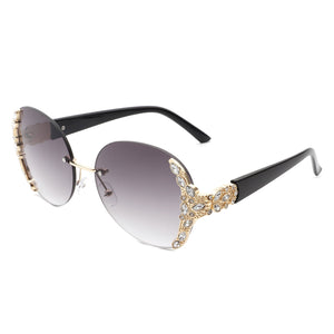 Jadeisle - Women Oval Rimless Rhinestone Design Round Oversize Sunglasses