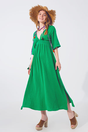 Robe longue texturée à col en V en vert