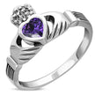 Irish Claddagh Sterling Silver Ring Set W/ Amethyst CZ