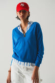 V Neck Fine Knit Sweater in Blue