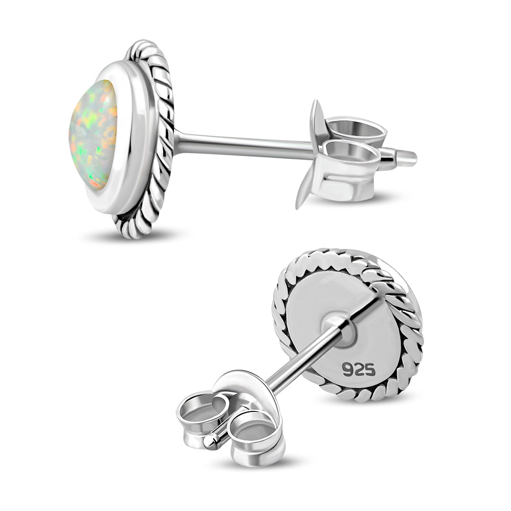 Round Synthetic Sun & Ice Opal Stud Silver Earrings