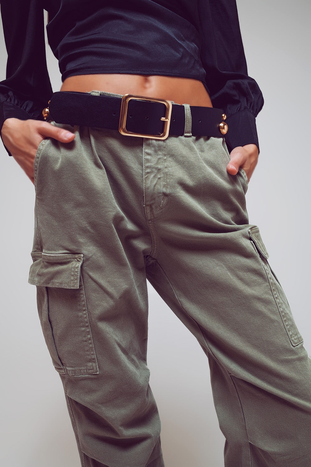 Cargo Pants With Tassel Ends in Military Green