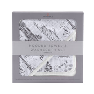 London, Paris, New York Hooded Towel and Washcloth Set