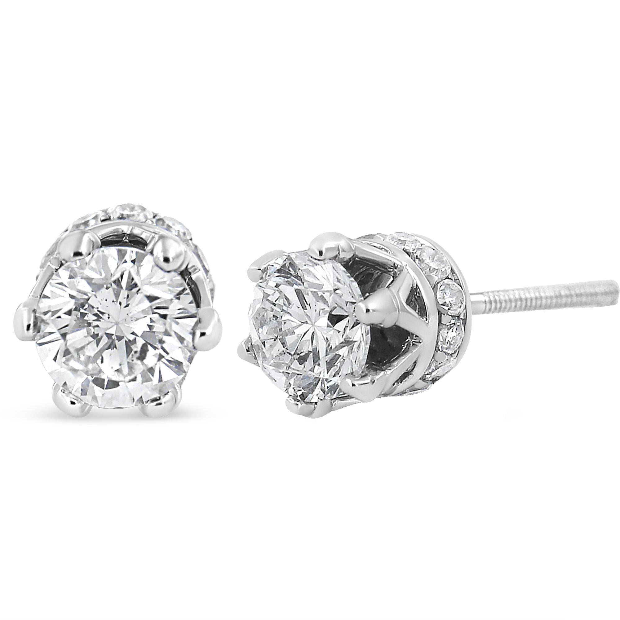 Boucle d'oreille à tige avec couronne en diamant serti sur griffes en or blanc 14 carats 1,0 carat au total